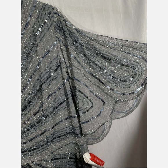 NWT‎ $698 Mac Duggal [ 18 ] Sequined V-Neck Cape Sleeve Column Gown Slate Blue - Picture 11 of 16
